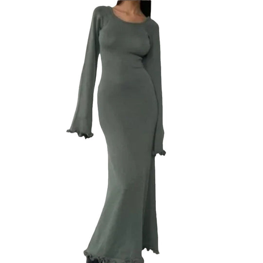 Damen Elegantes Maxikleid mit raffiniertem Rippdesign und fransigen Ärmeln R&B