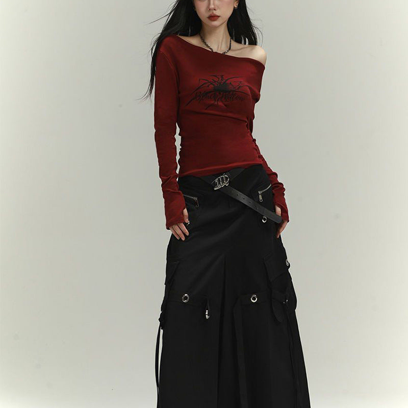 Damen Langarmshirt mit asymmetrischem Ausschnitt und grafischem Druck