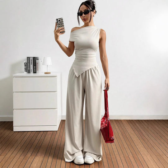 Damen elegantes und lässiges Jumpsuit-Set mit asymmetrischem Schnitt und weitem Bein R&B