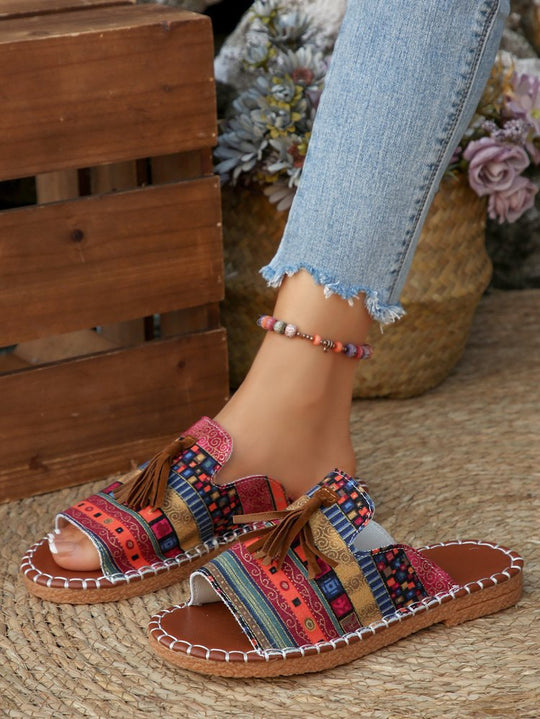 Damen Riemensandalen mit geflochtenem Muster und dekorativen Fransen R&B