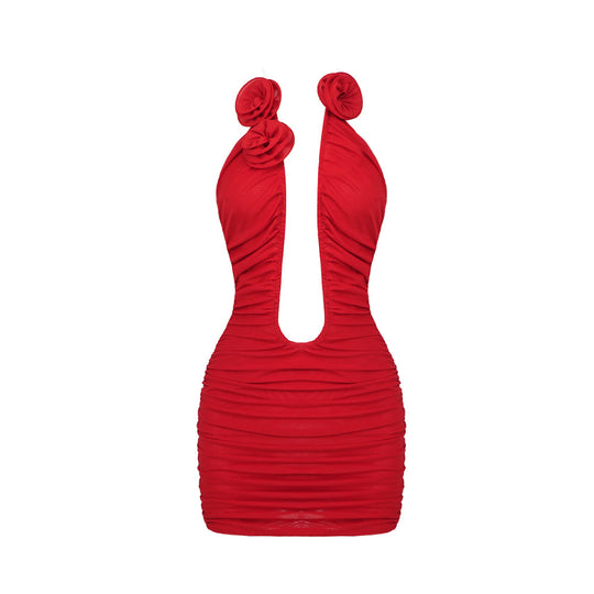Damen figurbetontes Minikleid mit raffinierten Rüschen und tiefem V-Ausschnitt R&B