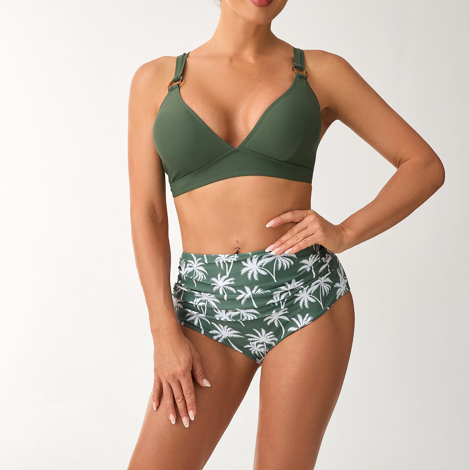 Damen Hochtailliertes Bikini-Set mit verstellbaren Trägern und stilvollem Palmendruck R&B