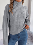 Damen Gemütlicher Strickpullover mit Stehkragen und Zopfmuster R&B