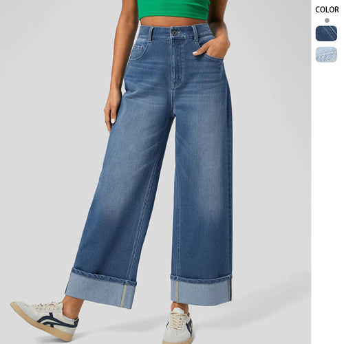 Damen Weit geschnittene Jeans mit hohem Bund und umgeschlagenem Saum R&B