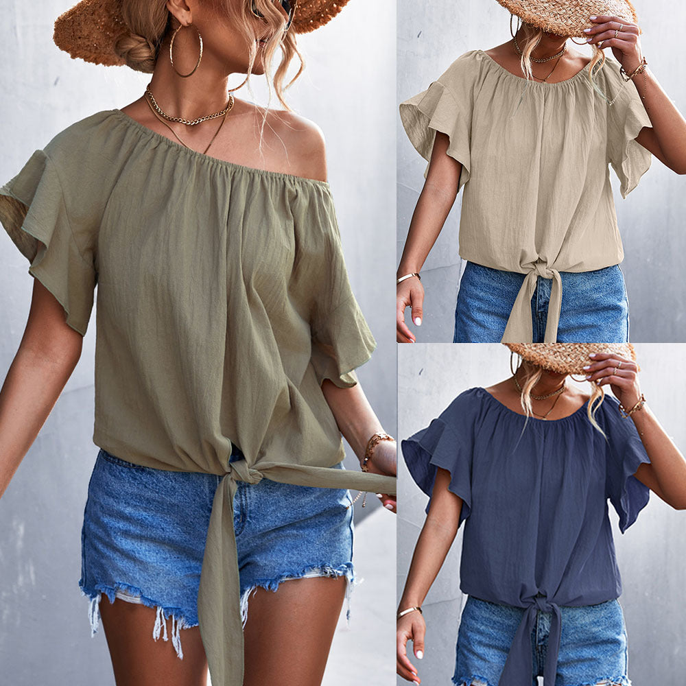 Damen luftiges Blusenshirt mit verspieltem Knoten und voluminösen Ärmeln R&B