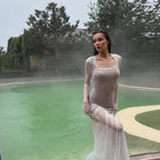 Damen elegantes, durchsichtiges Spitzenkleid mit langen Ärmeln R&B