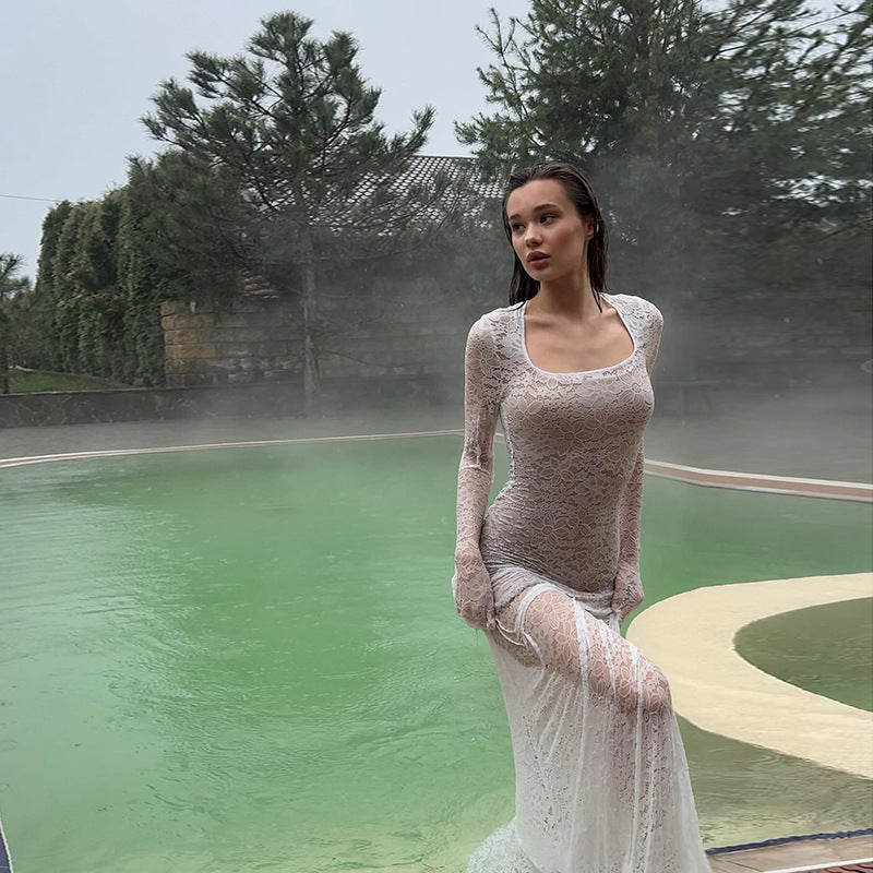 Damen elegantes, durchsichtiges Spitzenkleid mit langen Ärmeln R&B