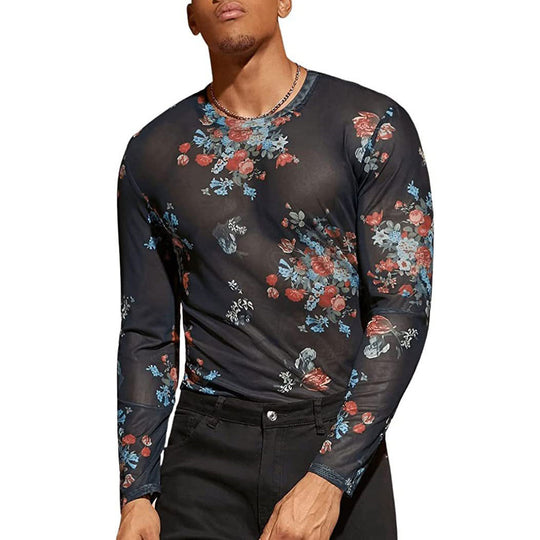 Herren Langarmshirt mit floralem Muster und transparentem Stoff R&B