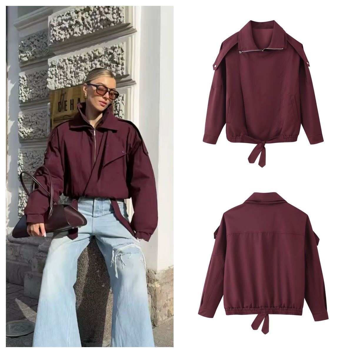 Damen lässige Übergangsjacke mit hohem Kragen und verstellbarem Kordelzug R&B
