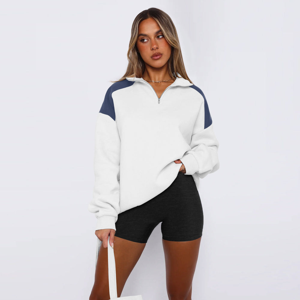 Damen lässiger Sweatshirt mit halbem Reißverschluss und kontrastierenden Ärmeln R&B
