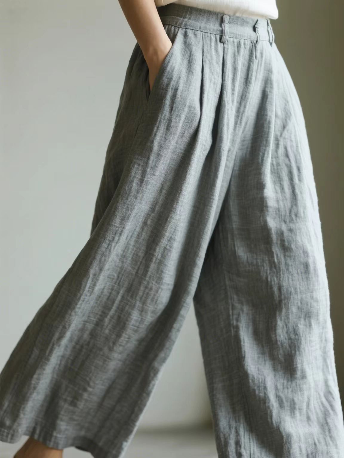 Damen weite Leinenhose mit eleganter Bundfalte und Taschen R&B