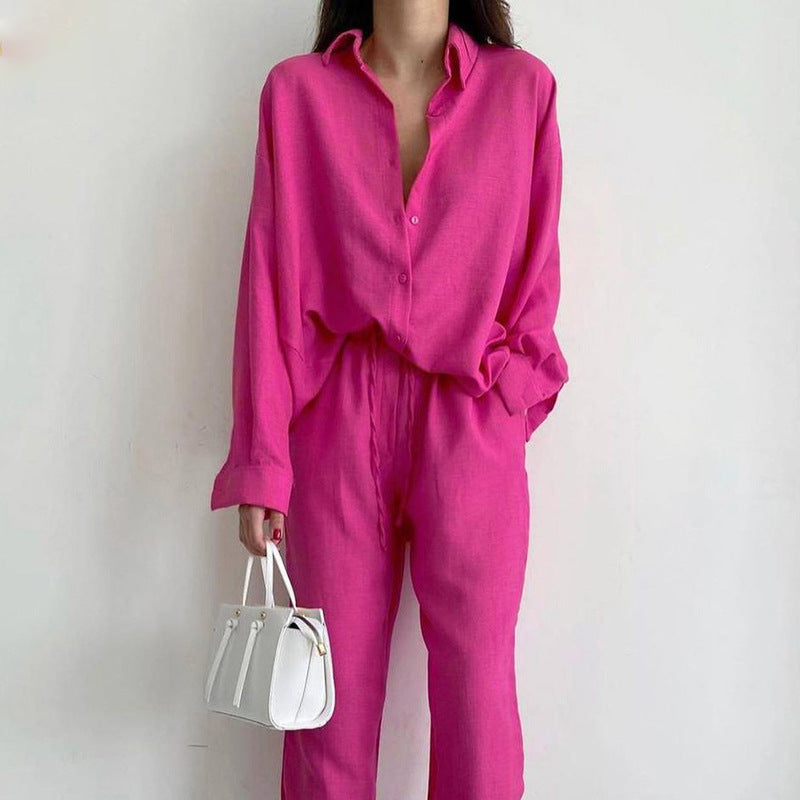 Damen lässiges Leinen Ensemble mit elegantem Hemd und weiter Hose R&B