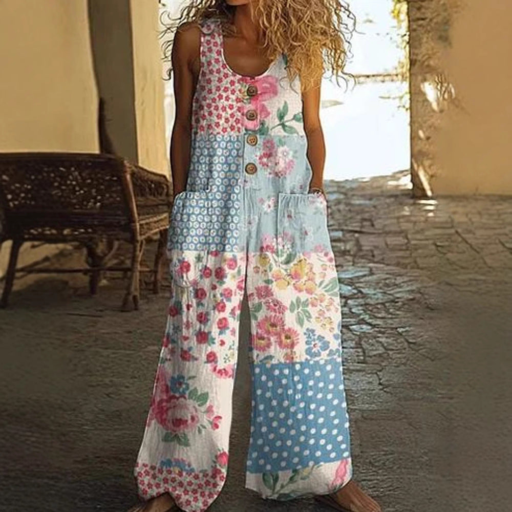 Damen Lässiger Patchwork-Jumpsuit mit Knopfdetails R&B