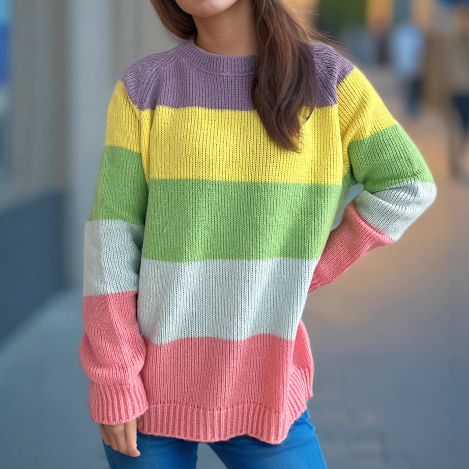 Damen lässiger Strickpullover mit bunten Blockstreifen und weitem Schnitt R&B