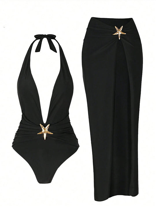 Damen eleganter einteiliger Badeanzug mit schickem Rock R&B