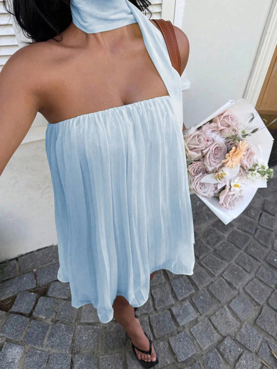 Damen kurzes Sommerkleid mit elegantem Bindegürtel und fließendem Design R&B