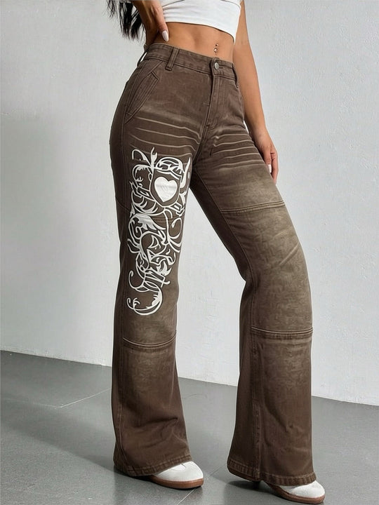 Damen weite Jeans mit kunstvollem Aufdruck R&B