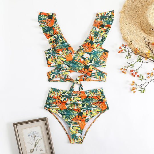Damen Cropped Bikini-Set mit verspieltem Rüschendesign und elegantem Bindeträgersystem R&B