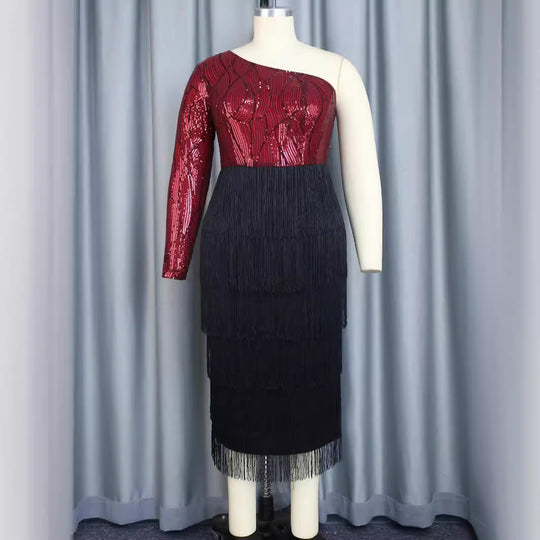 Damen Elegantes Cocktailkleid mit funkelnden Pailletten und Fransen R&B