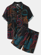 Damen kurzärmliges Ferienhemd mit buntem Muster und bequemen Shorts
