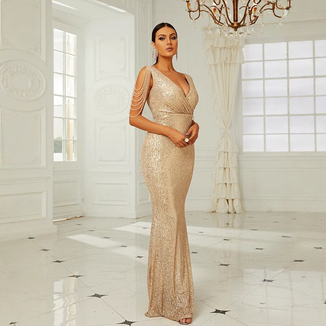 Damen Glamouröses Abendkleid mit funkelnden Pailletten und schulterfreien Ärmeln R&B