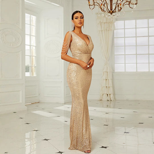 Damen Glamouröses Abendkleid mit funkelnden Pailletten und schulterfreien Ärmeln R&B