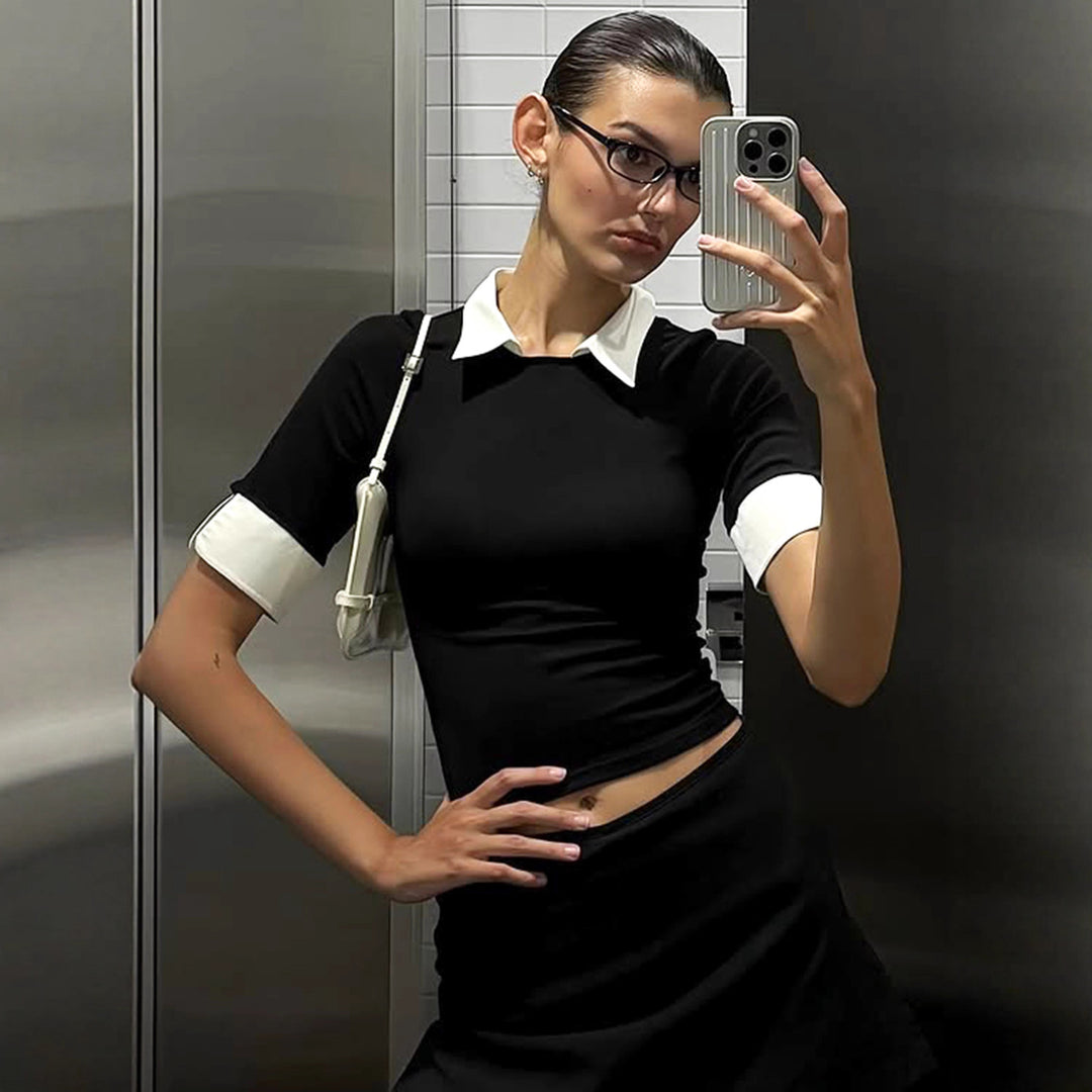 Damen Kurzarmoberteil mit elegantem Kragen und modischem Schnitt R&B