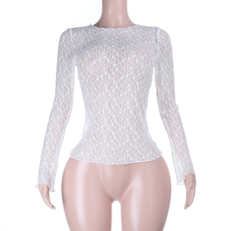 Damen Elegantes Spitzenshirt mit langem Arm und raffiniertem Mustermix R&B