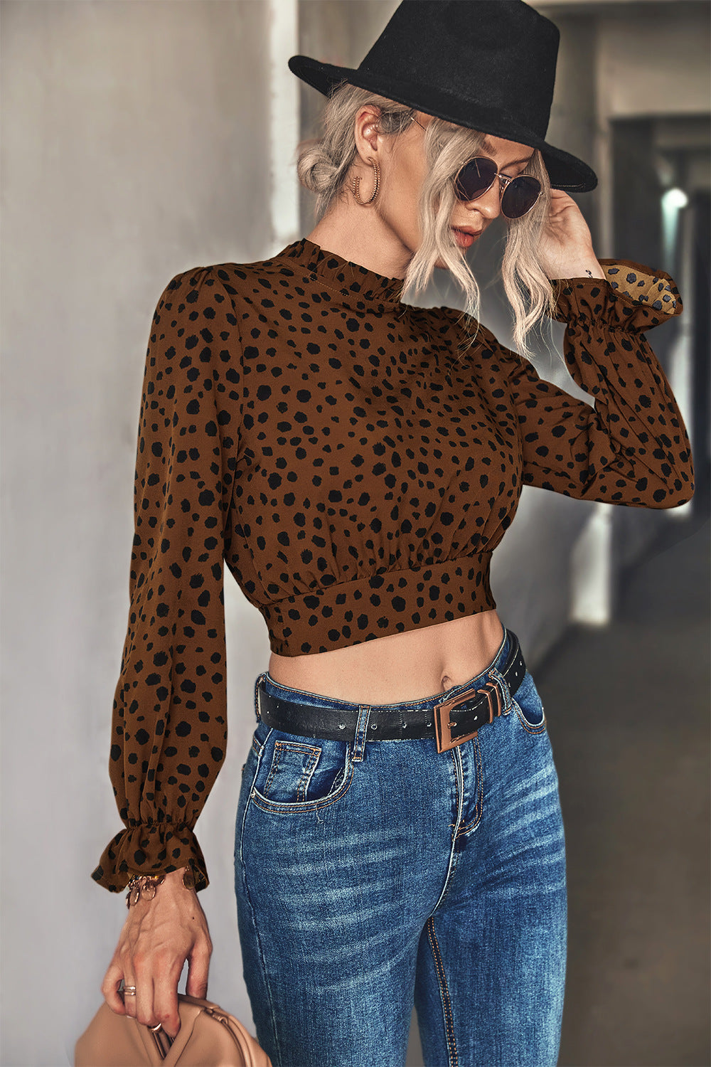 Damen Stehkragen-Blusenshirt mit Volantärmeln und Leopardenmuster R&B