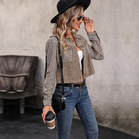 Damen lässige Karo-Jacke mit cropped Schnitt und praktischen Brusttaschen R&B