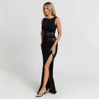 Damen Maxikleid mit raffiniertem Spitzeneinsatz und hohem Schlitz R&B
