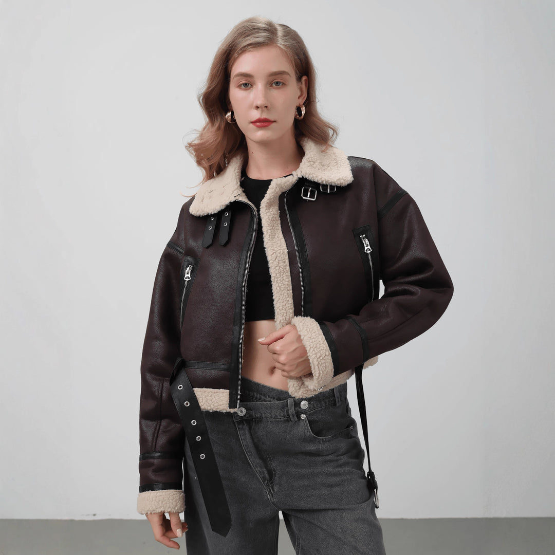 Damen modische Kurzjacke mit Schurwollkragen und Reißverschlusstaschen R&B