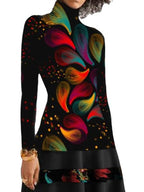 Damen Strickkleid mit hohem Kragen und floralem Saum R&B