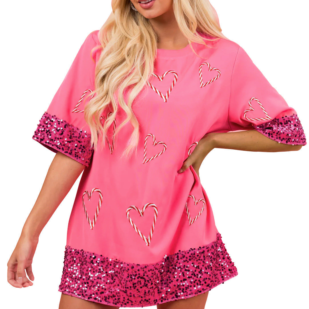 Damen Tunika Kleid mit Paillettenbesatz und Herzmuster R&B