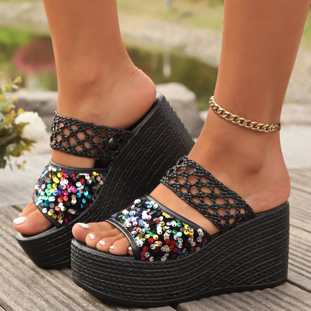Damen Wedge-Pantoletten mit glitzernden Pailletten und raffiniertem Obermaterial R&B
