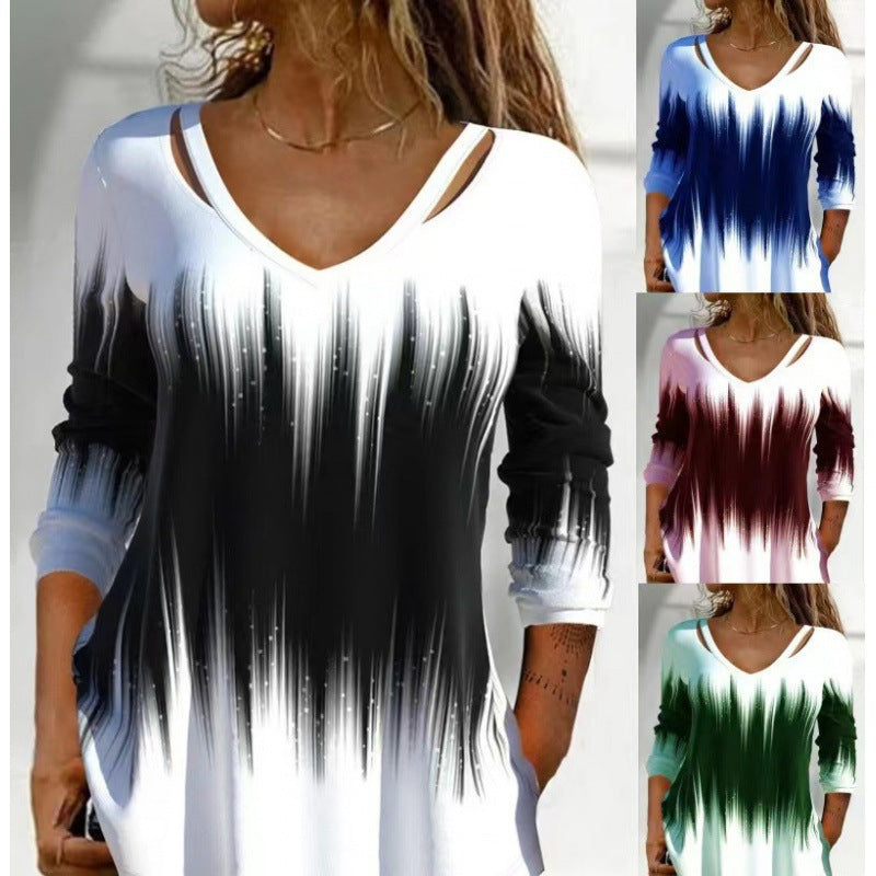 Damen Langarmshirt mit modischem V-Ausschnitt und einzigartigem Farbverlauf R&B