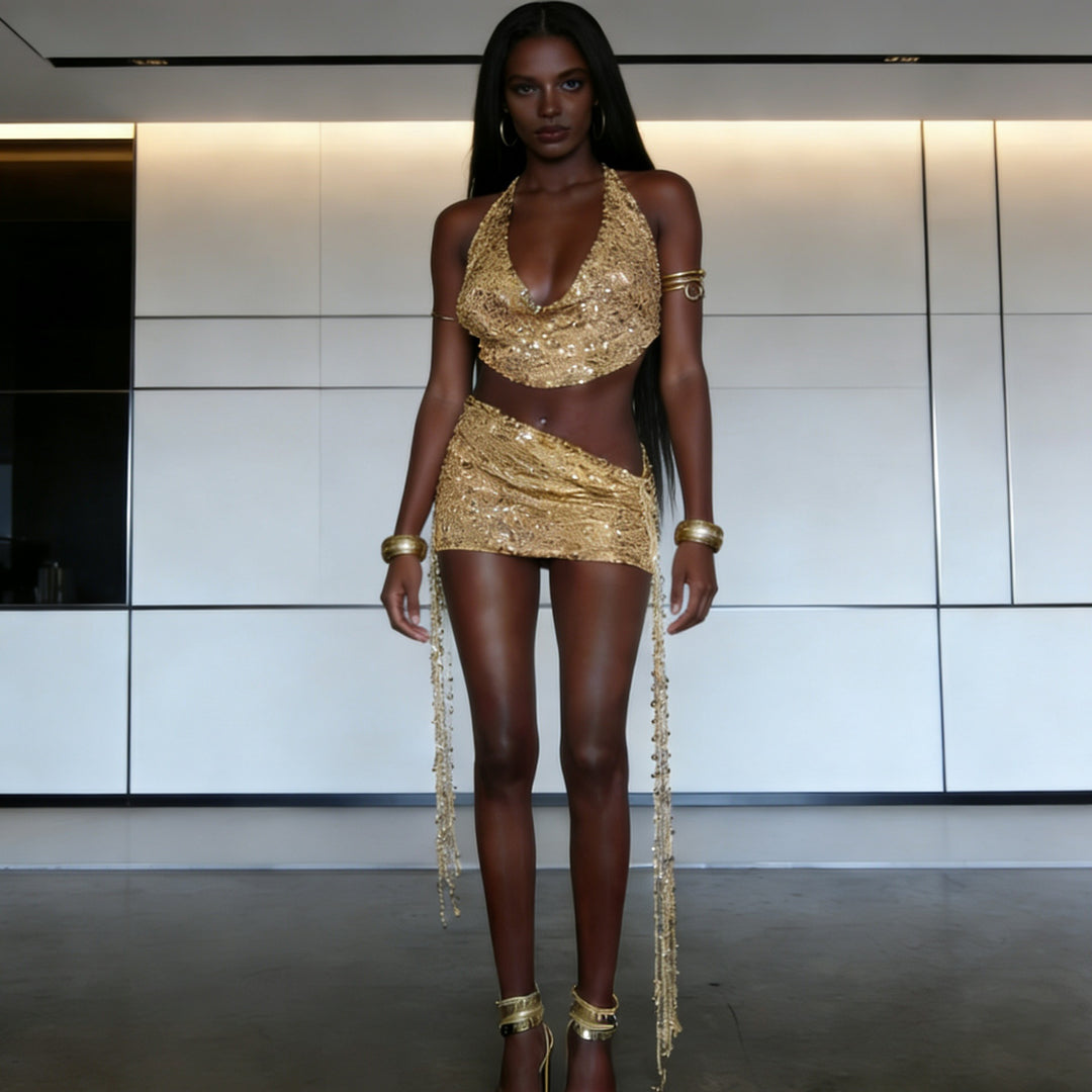 Damen Modisches Set mit netzartigem Oberteil und weitem Hose R&B