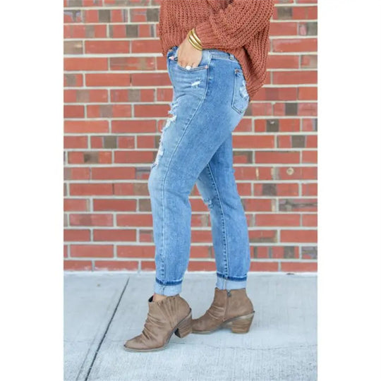 Damen Vintage Destroyed Jeans im entspannten Schnitt mit hohem Bund R&B