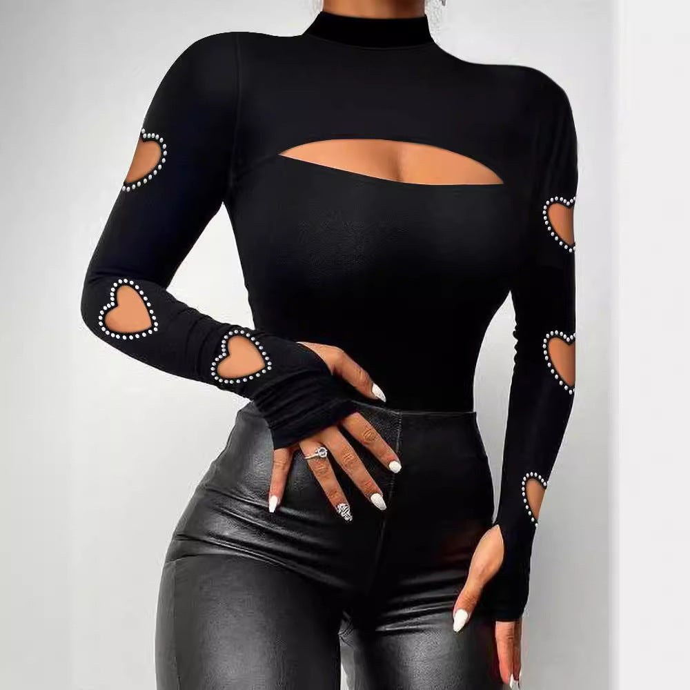 Damen Langarm Body mit Herz-Cut-Outs und Strassdetails R&B