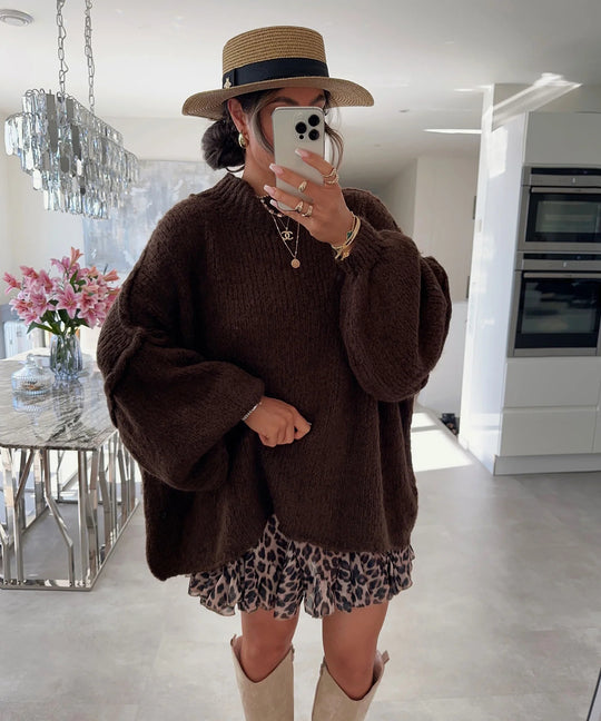 Damen lässiger Oversize Pullover mit hohen Ärmeln und unkonventionellem Schnitt R&B