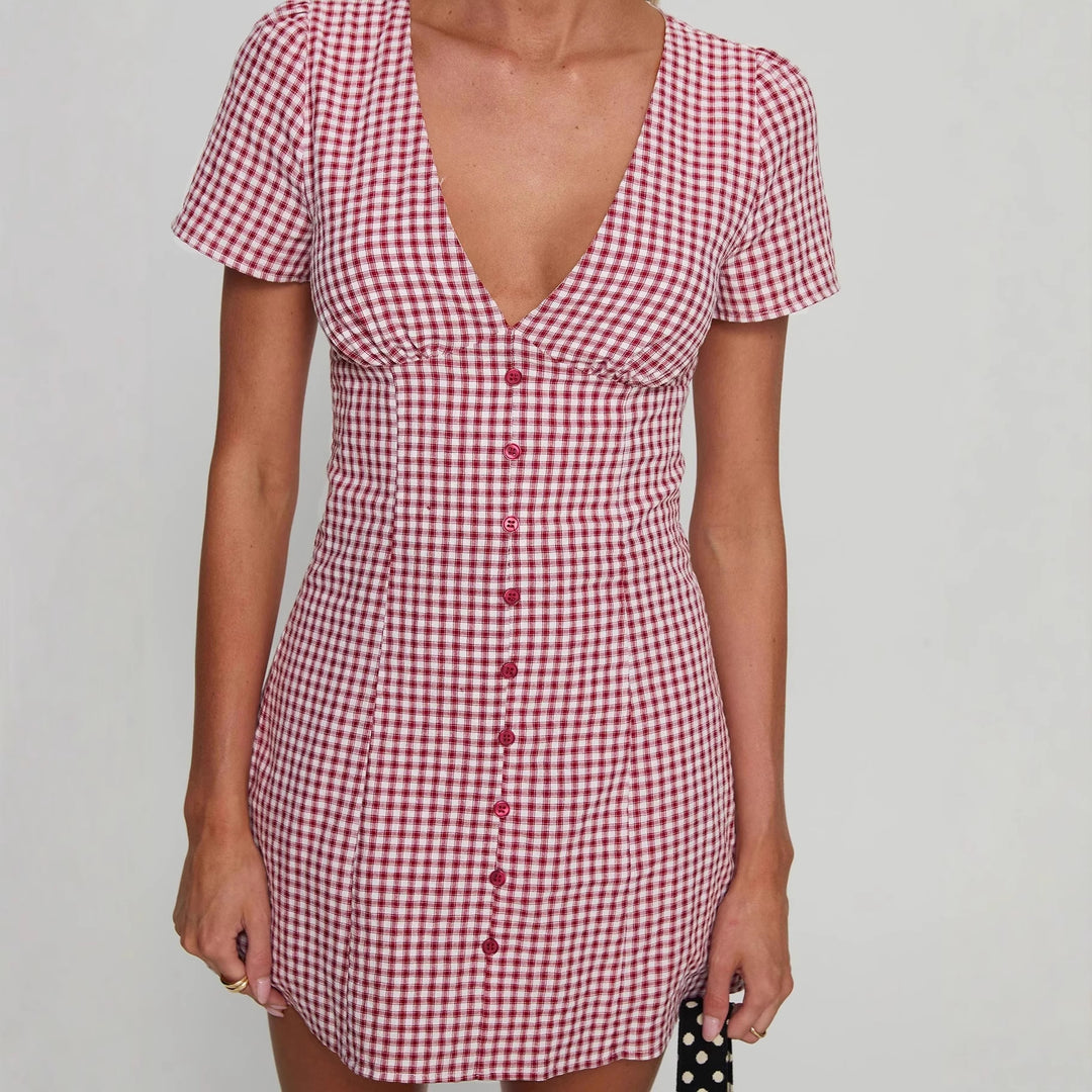 Damen Kurzärmeliges Kleid mit V-Ausschnitt und Knopfleiste R&B