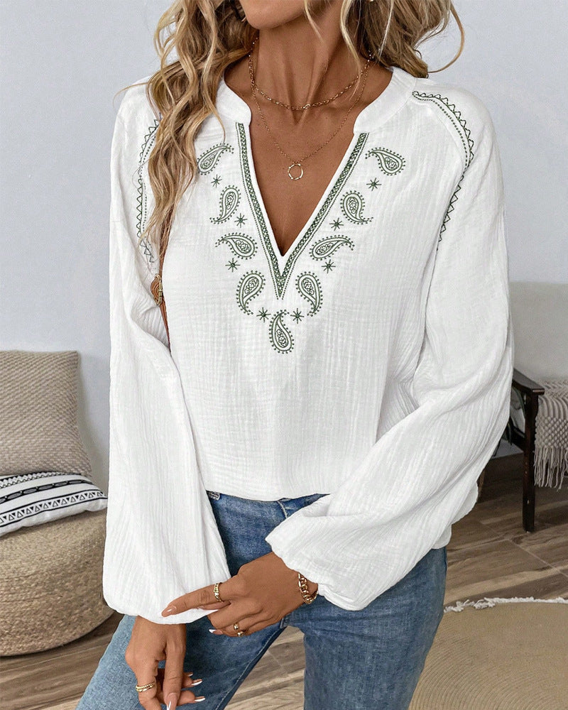 Damen nan lässige Baumwoll-Gauze-Bluse mit besticktem V-Ausschnitt, Paisley-Stickerei, Raglannähten und weiten Ballonärmeln R&B