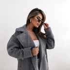 Damen stylische Wolljacke mit asymmetrischem Reißverschluss und großem Kragen R&B