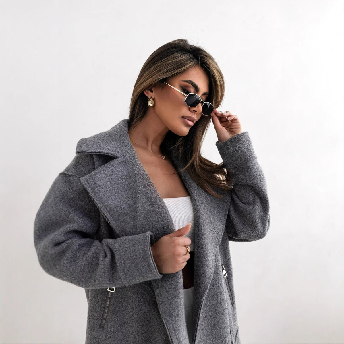 Damen stylische Wolljacke mit asymmetrischem Reißverschluss und großem Kragen R&B
