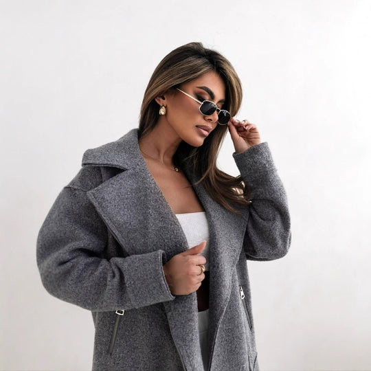 Damen stylische Wolljacke mit asymmetrischem Reißverschluss und großem Kragen R&B