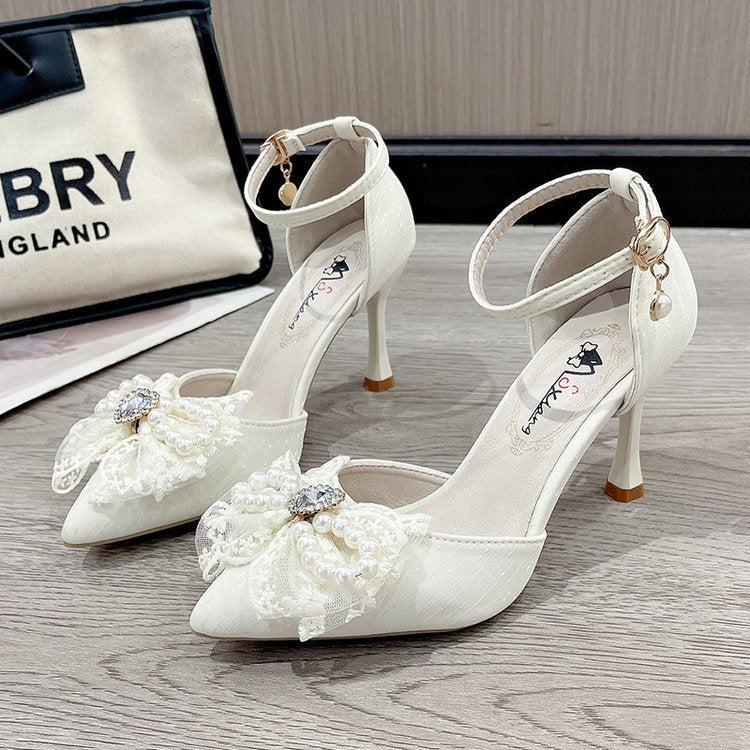 Damen elegante Pumps mit dekorativer Perlen- und Schleifenverzierung R&B