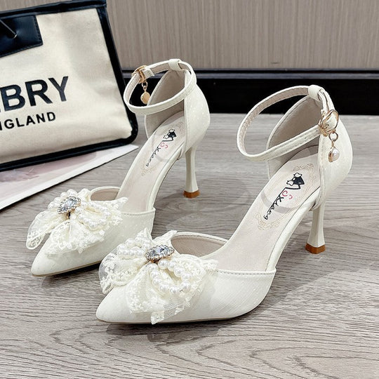 Damen elegante Pumps mit dekorativer Perlen- und Schleifenverzierung R&B