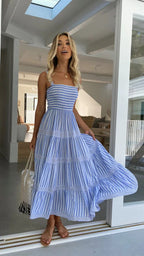 Damen Lange Sommerkleid mit schmalen Trägern und voluminösem Rock R&B