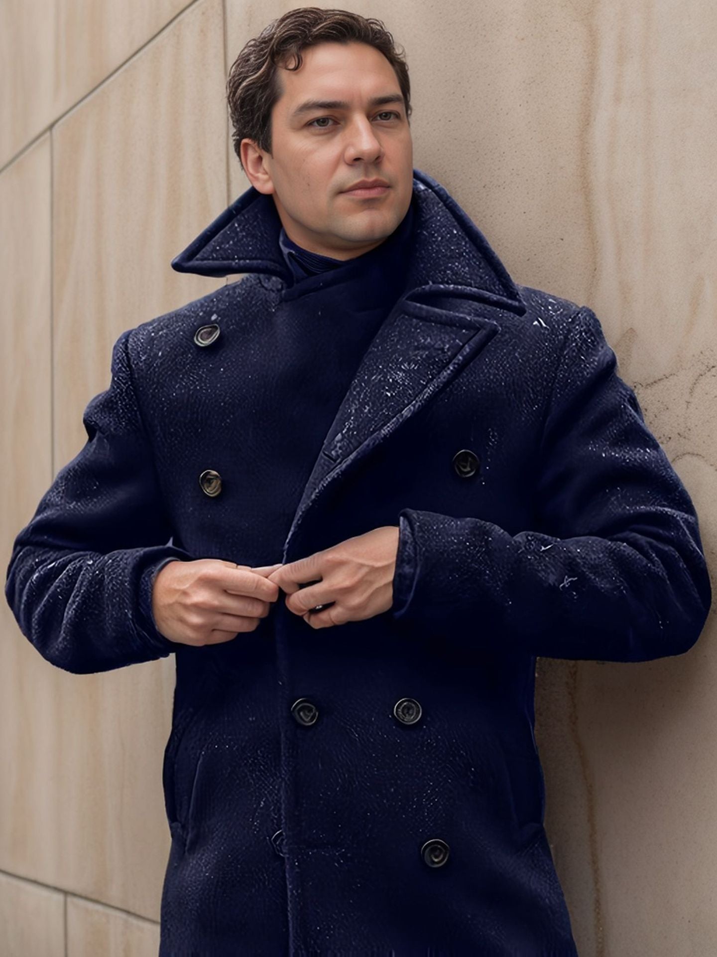 Herren eleganter doppelreihiger Wollmantel mit strukturiertem Obermaterial R&B