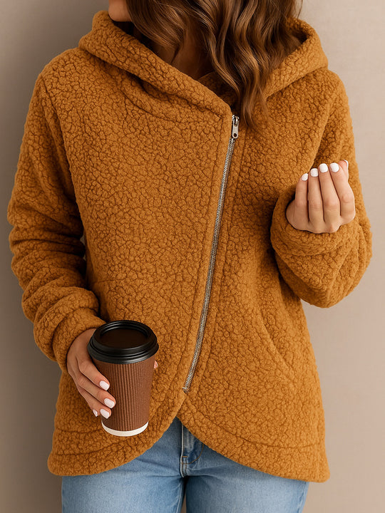 Damen Flauschige Kapuzenjacke mit asymmetrischem Reißverschluss R&B